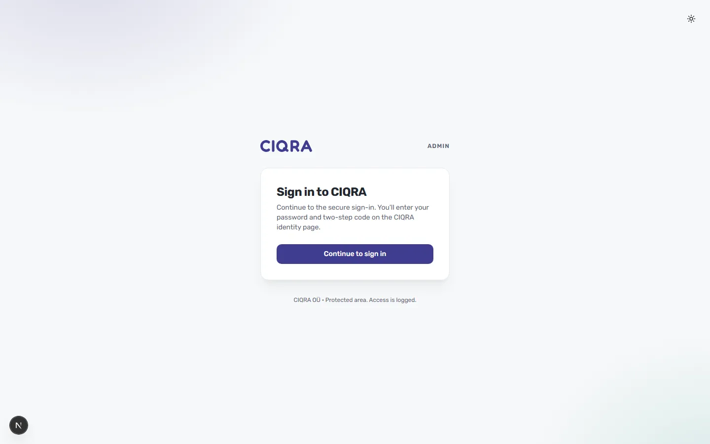 The CIQRA admin sign-in screen, showing the “Continue to sign in” button