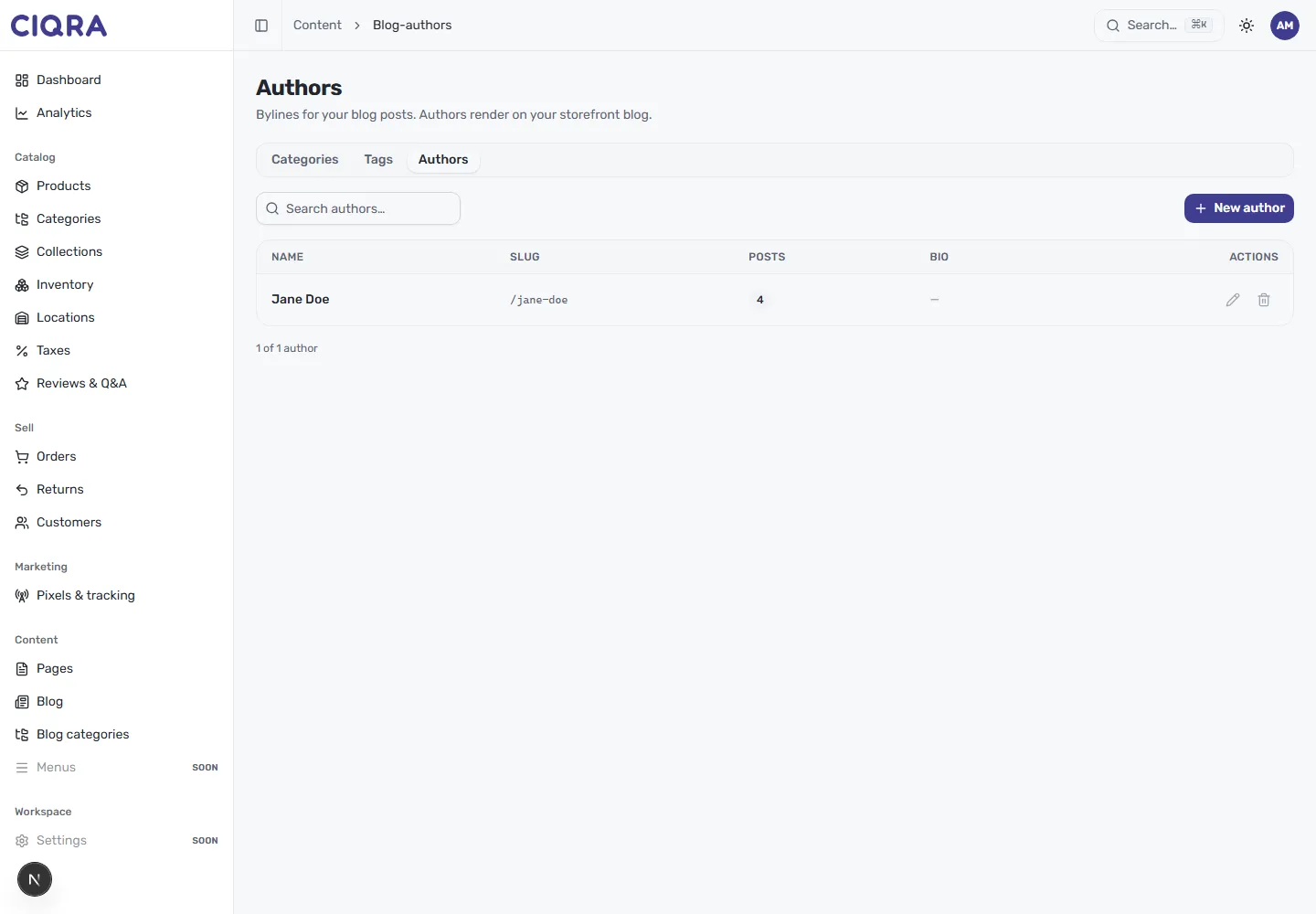The Authors tab in CIQRA, showing a search box, a New author button, and a table of authors with name, slug, posts and bio columns