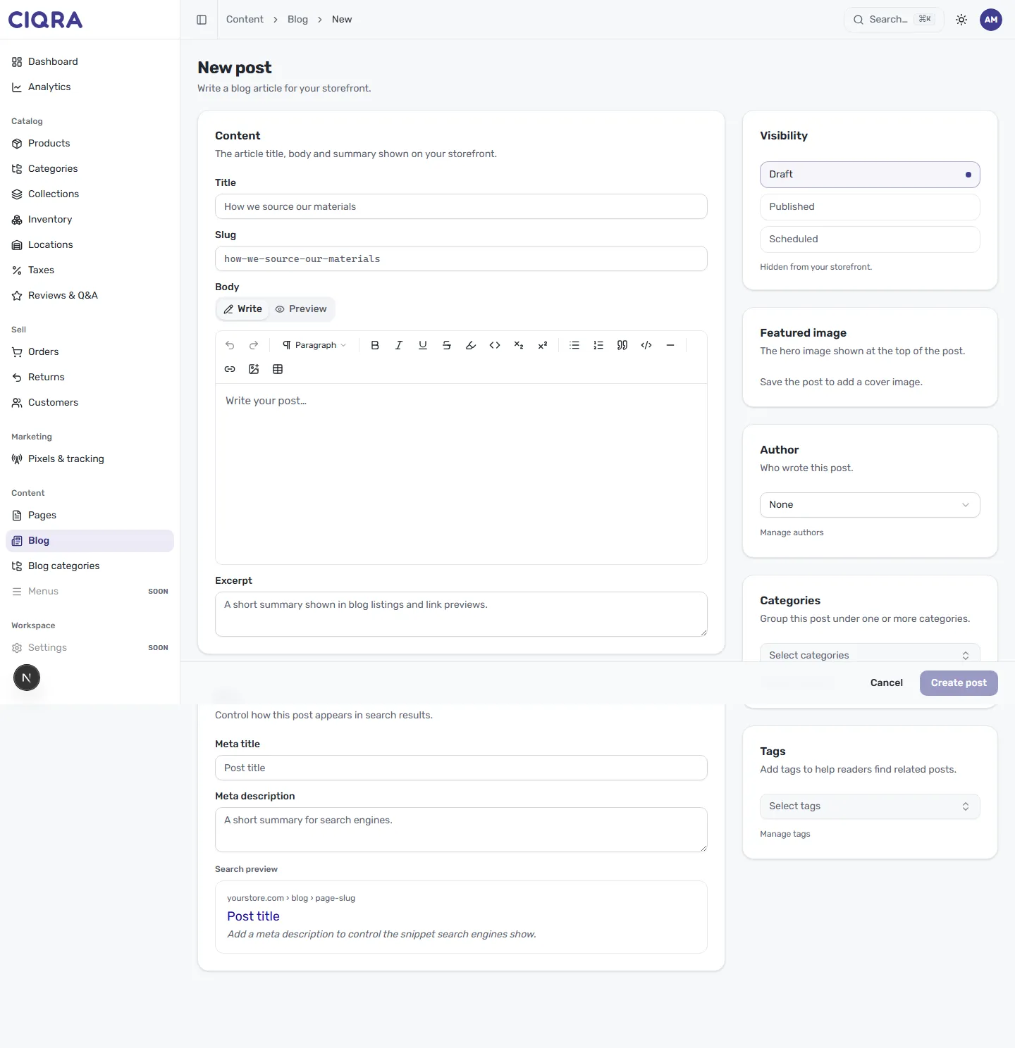The New post editor in CIQRA, with Title, Slug, Body and Excerpt fields on the left and Visibility, Featured image, Author, Categories and Tags panels on the right