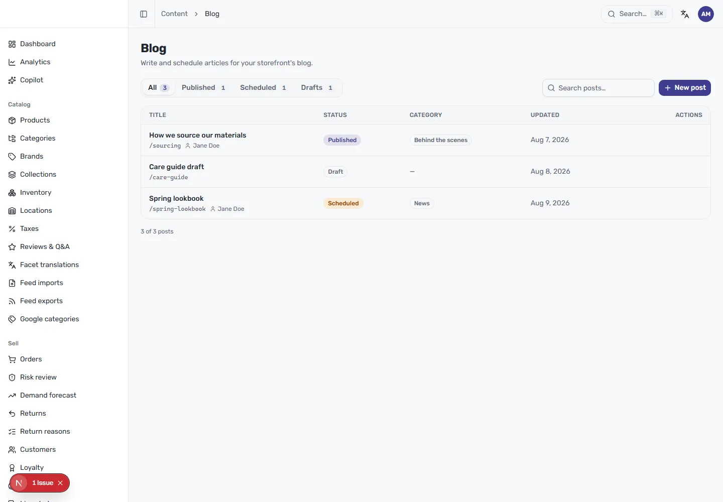 The CIQRA Blog list under Content, showing status tabs, a search box, a New post button, and a table of posts with title, status, category and updated columns