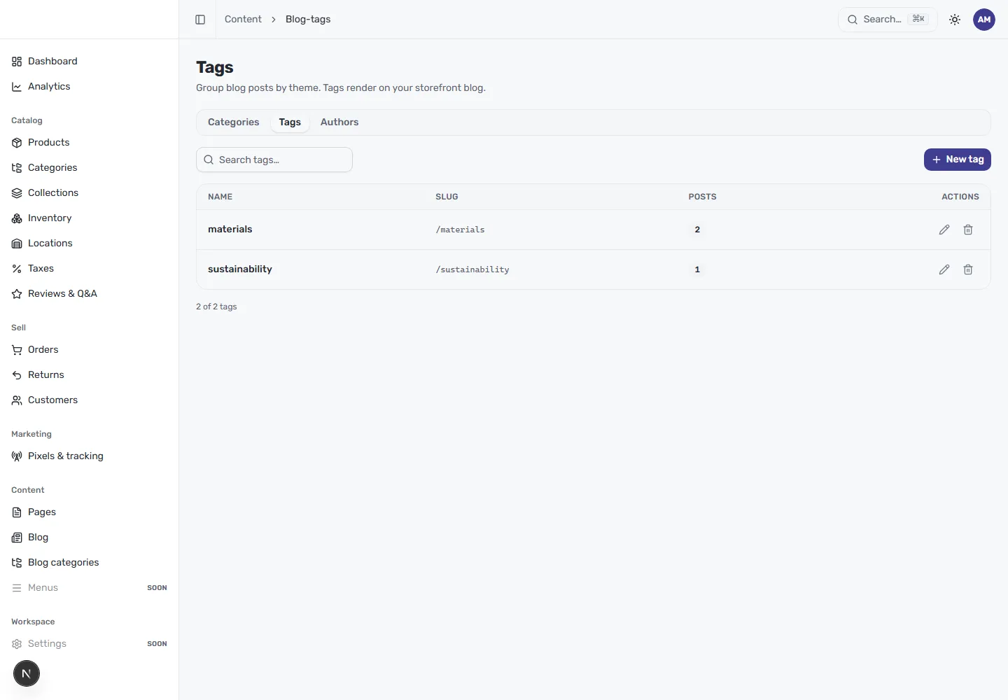 The Tags tab in CIQRA, showing a search box, a New tag button, and a table of tags with name, slug and posts columns