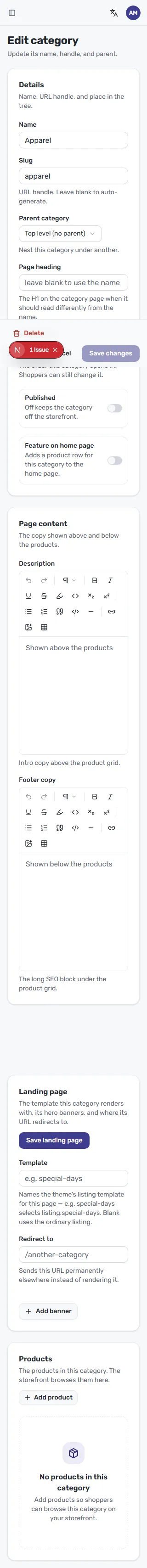 The Edit category form with Name, Slug and Parent category, plus a Delete option