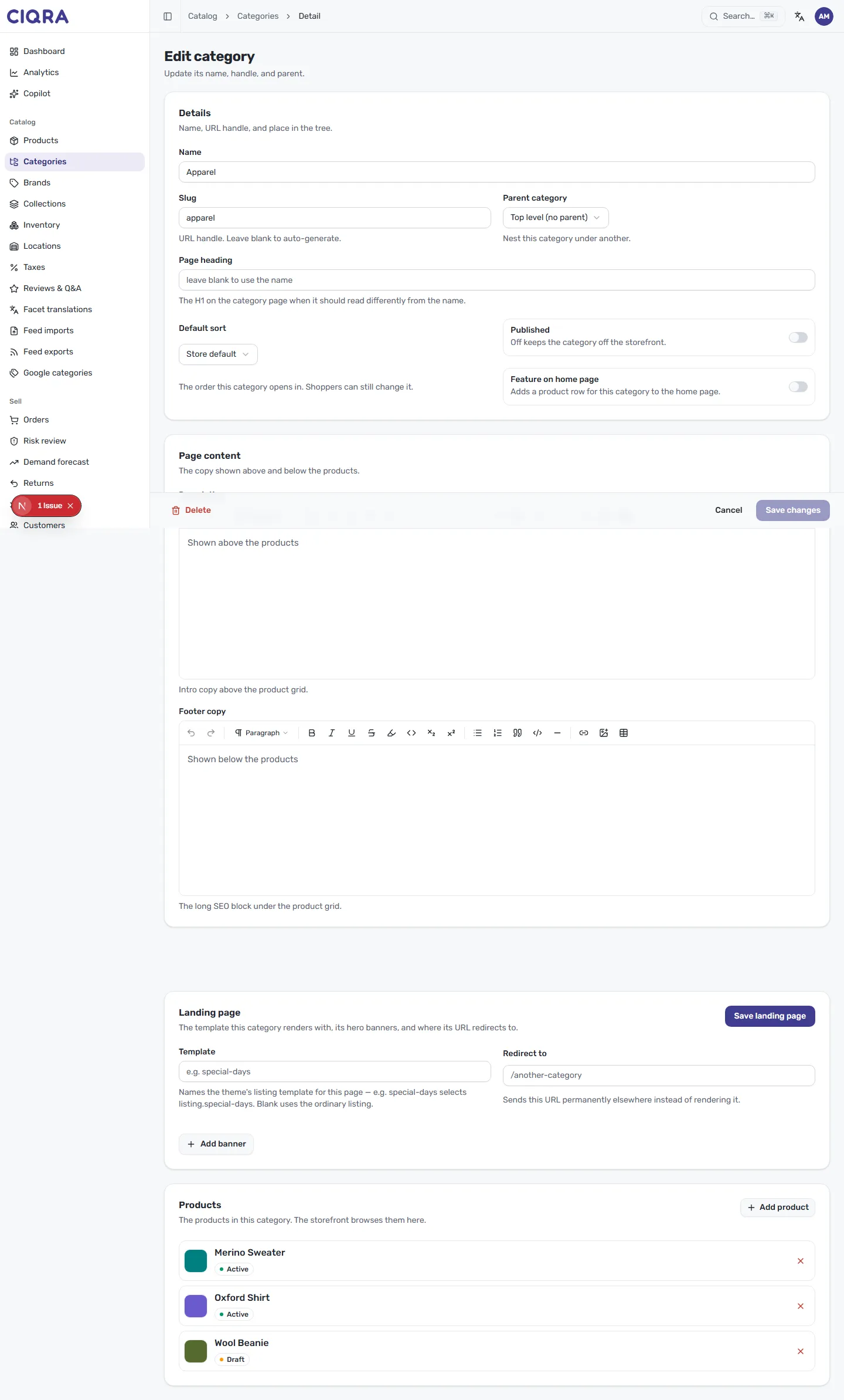 The Products section of a category listing assigned products with an Add product button and remove controls