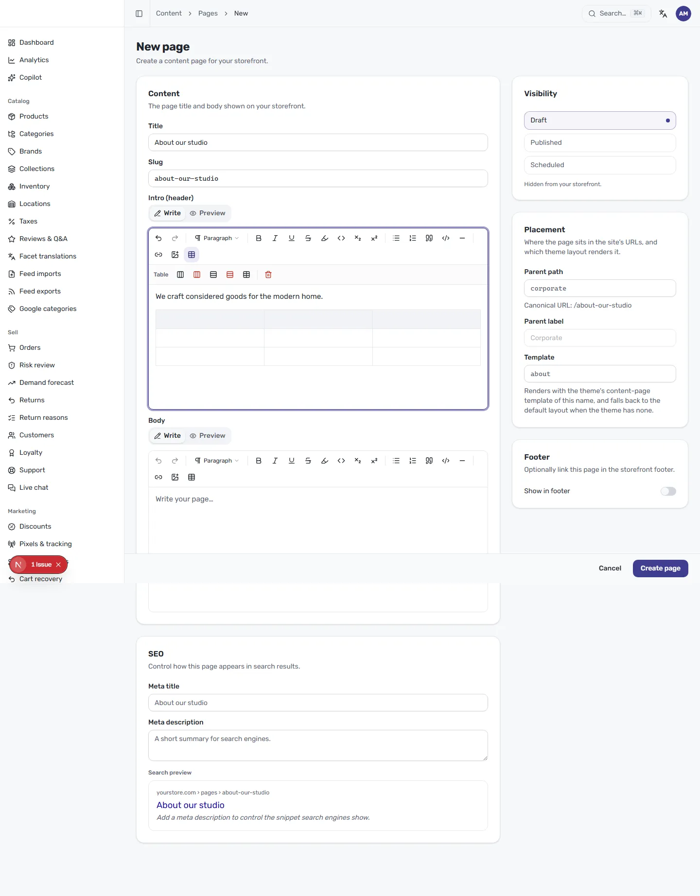 The content editor in Write mode, showing the formatting toolbar and a table being inserted into the page body