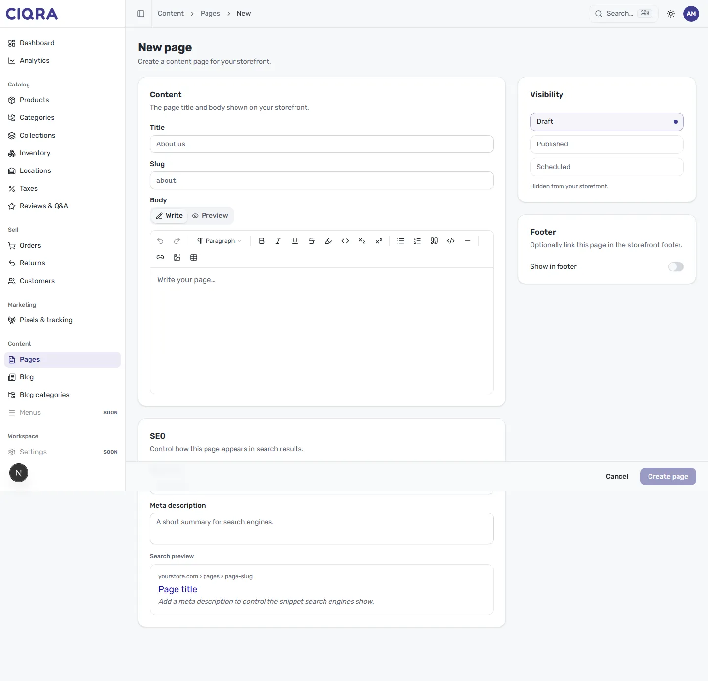 The CIQRA New page editor, with Title, Slug and Body fields, a Visibility panel set to Draft, a Footer panel with a Show in footer toggle, and an SEO panel