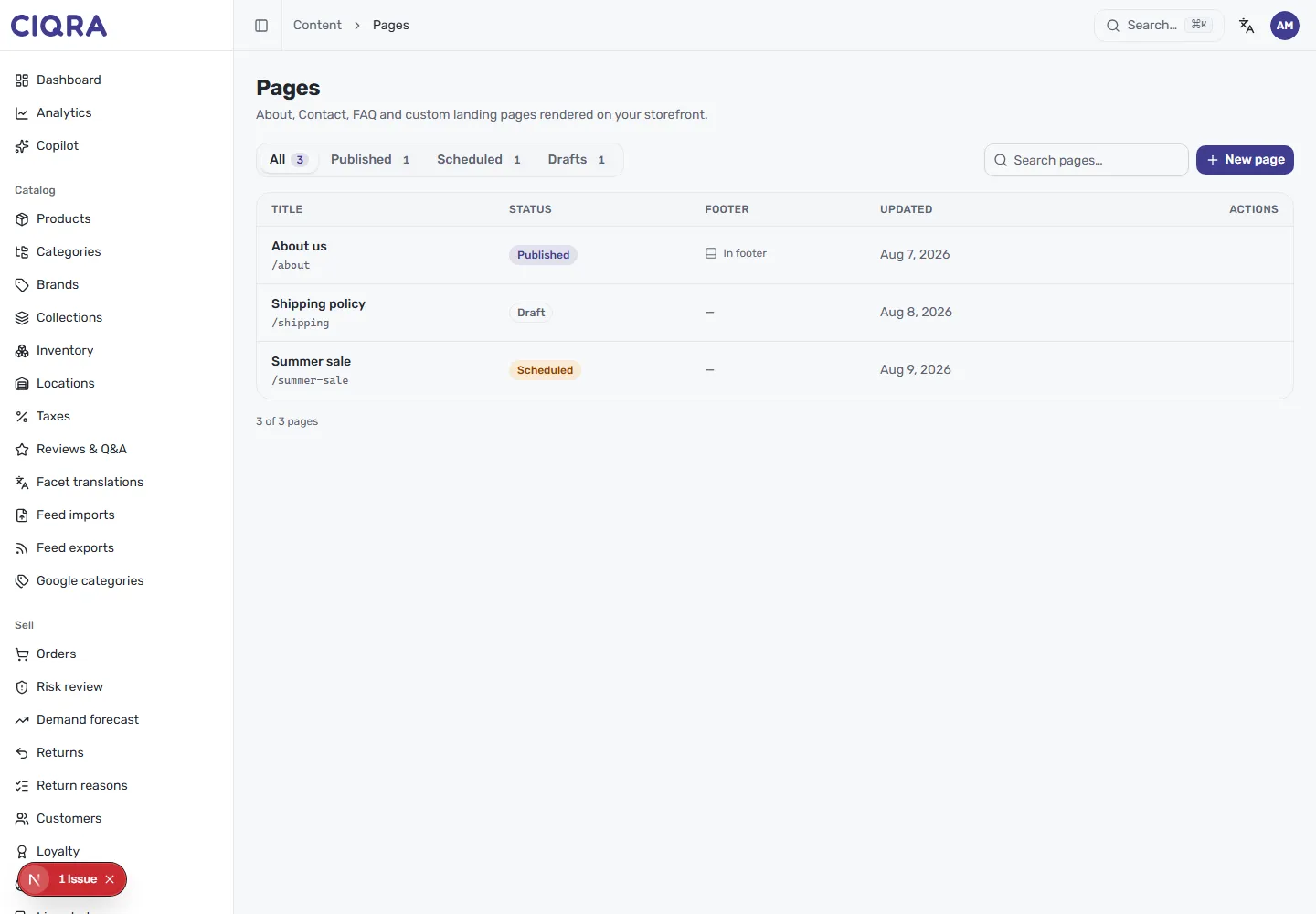 The CIQRA Pages list under Content, showing status tabs, a search box, a New page button, and a table of pages with title, slug, status, footer and updated columns