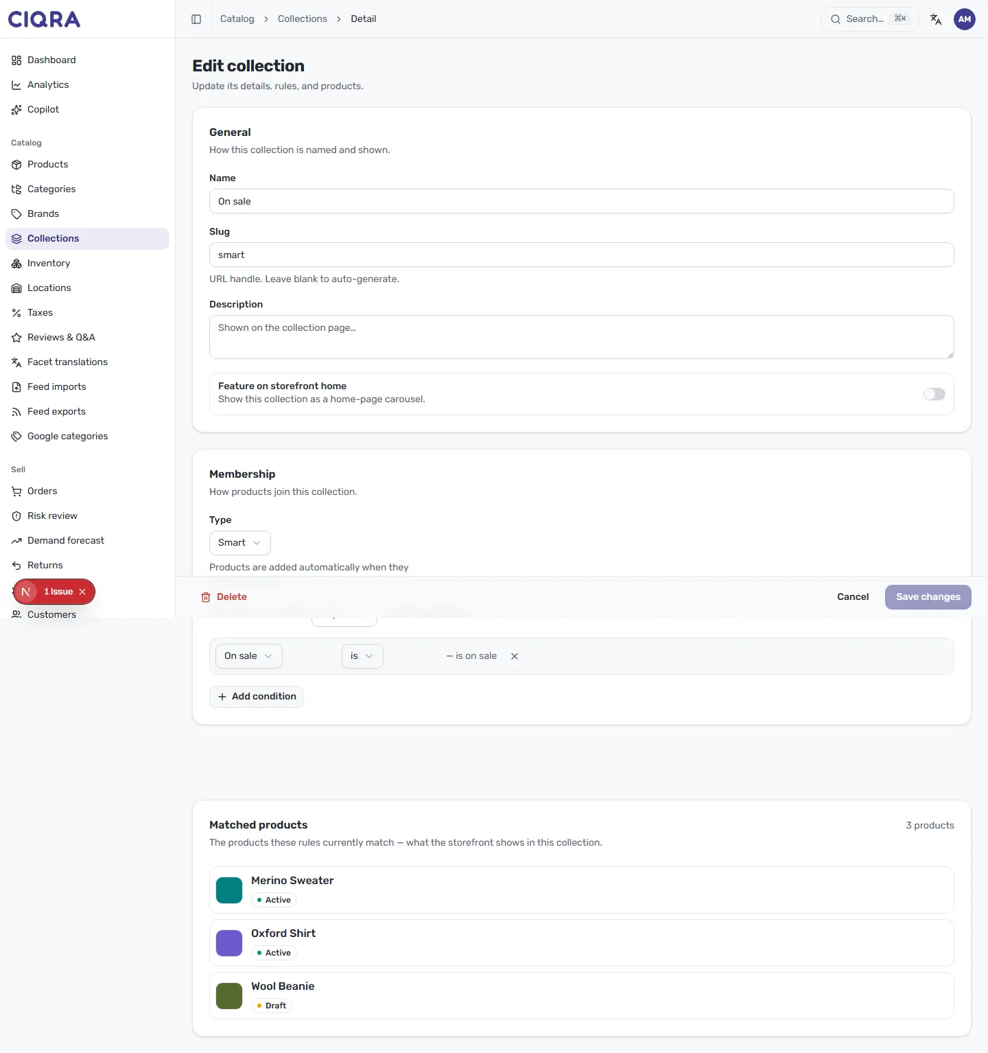 The Matched products preview listing the products a smart collection’s rules currently match