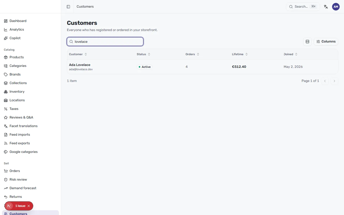 The CIQRA Customers list, showing the search box, a sortable table of customers, and the Columns control