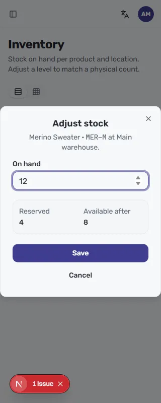 The Adjust stock dialog with an On hand field and an Available after preview