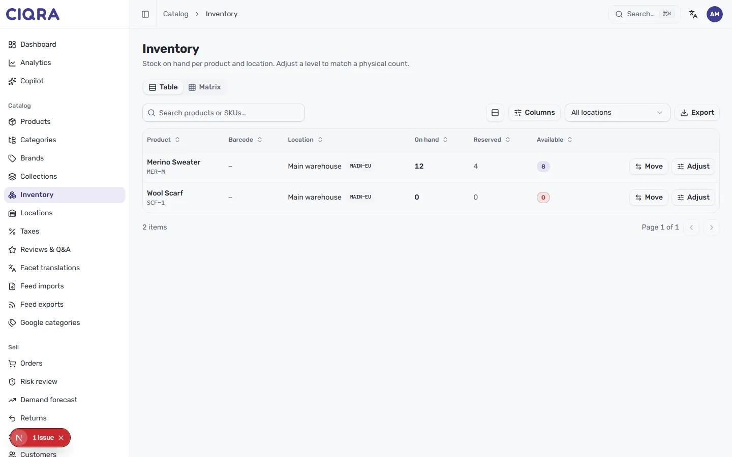 The Inventory list showing Product, Location, On hand, Reserved and Available columns with an Adjust button per row