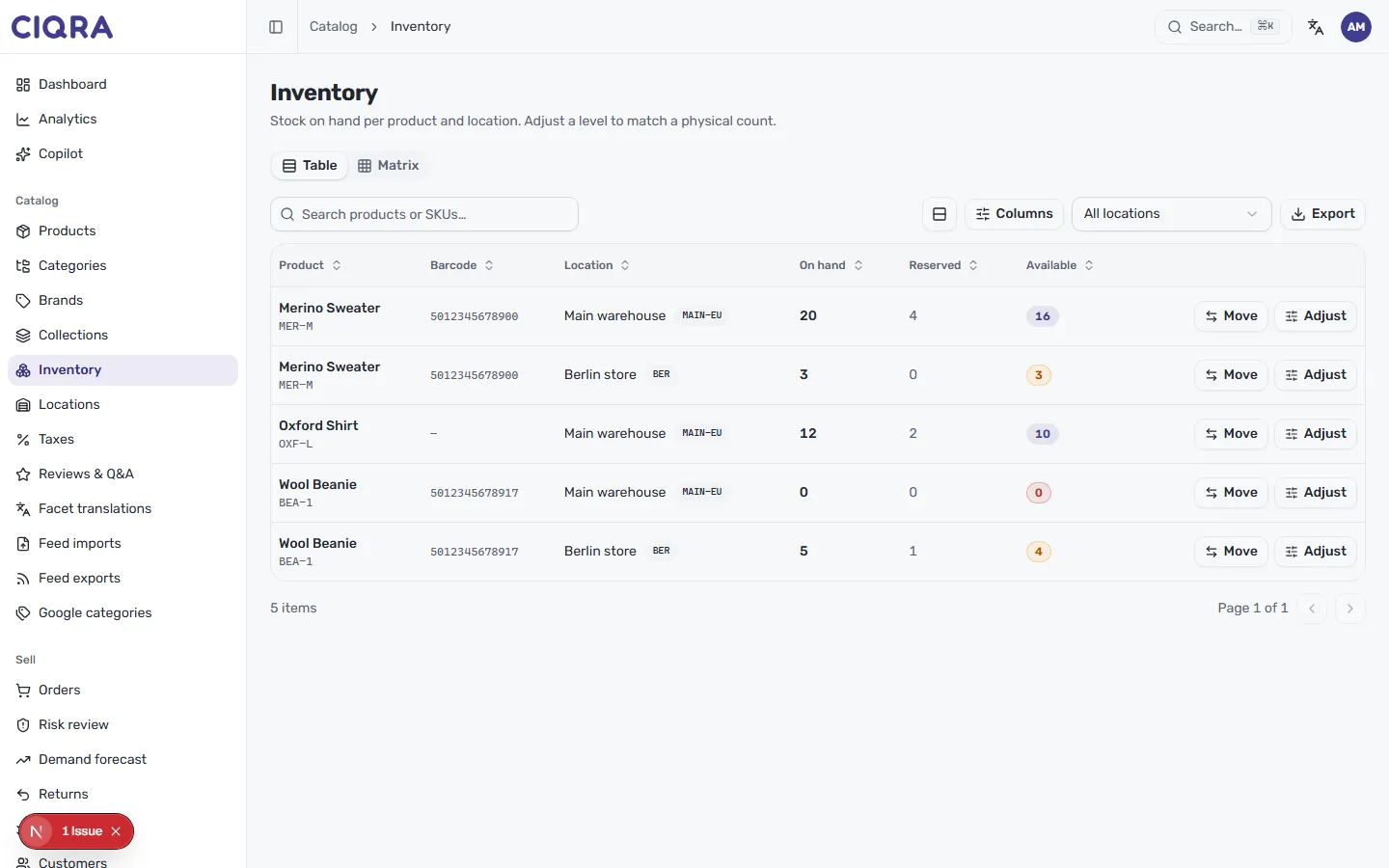 The inventory Table view with one row per variant and location, including barcode and per-row Adjust