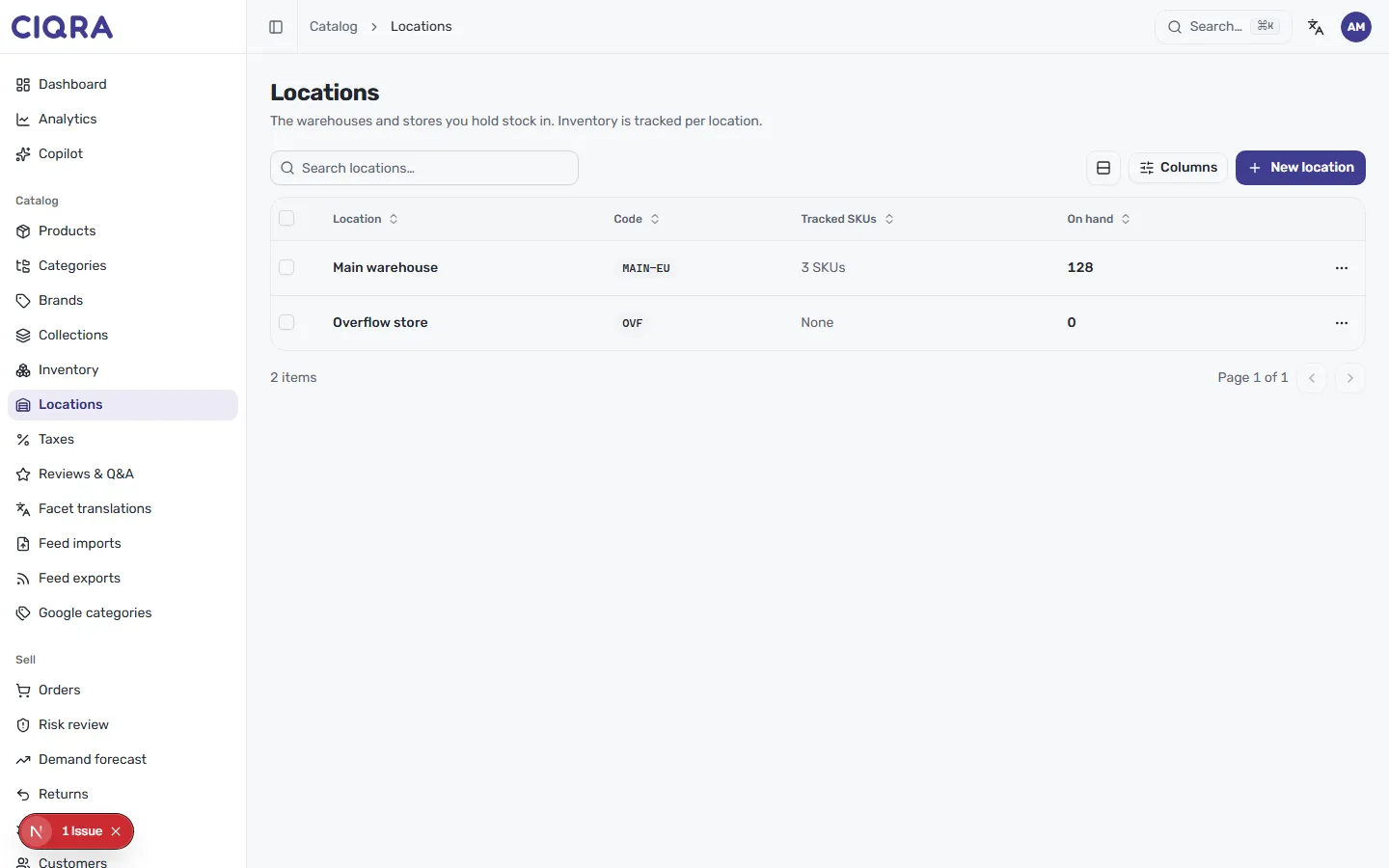 The Locations list with columns for Location, Code, Tracked SKUs and On hand