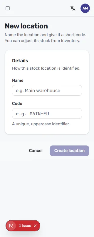 The New location form with Name and Code fields