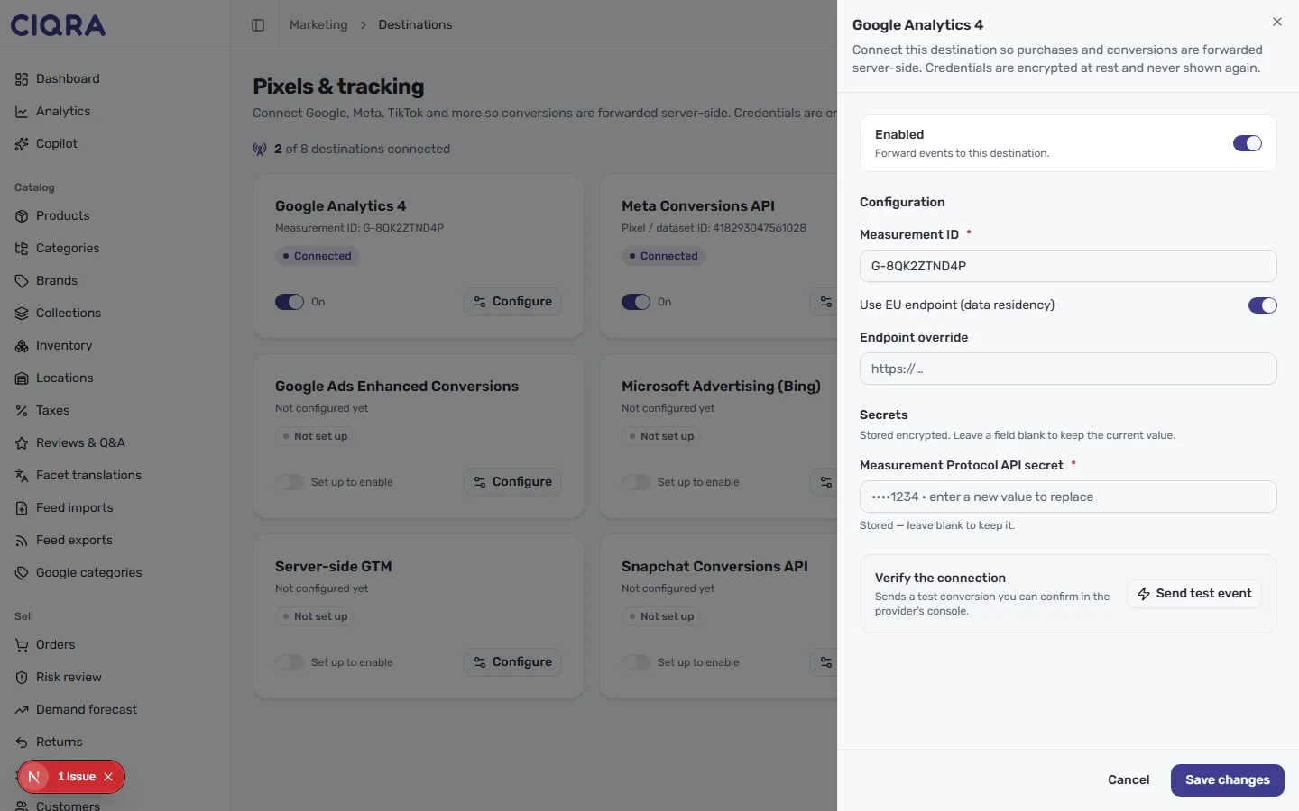 The Google Analytics 4 destination editor open as a side panel, showing an Enabled toggle, a Measurement ID field, a Use EU endpoint toggle, an Endpoint override field, a Measurement Protocol API secret field, and a Send test event button