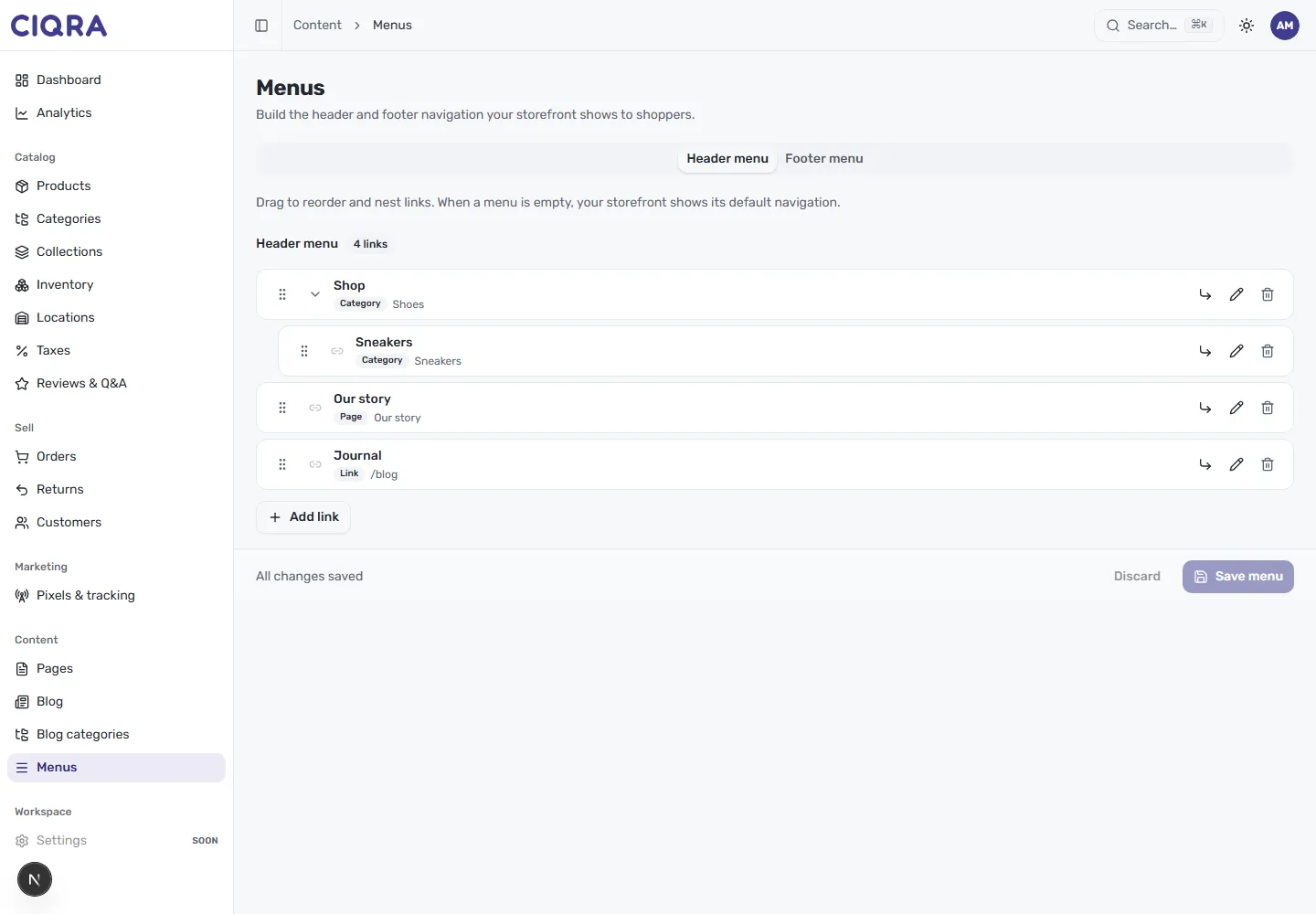 The Menus builder in CIQRA, showing Header menu and Footer menu tabs and a list of menu links with drag handles, type badges and edit controls