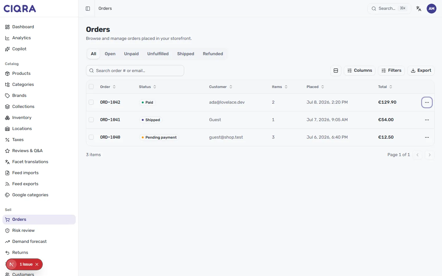 The CIQRA Orders list with status tabs — All, Open, Unpaid, Unfulfilled, Shipped, Refunded — and coloured status labels such as Paid, Shipped and Pending payment