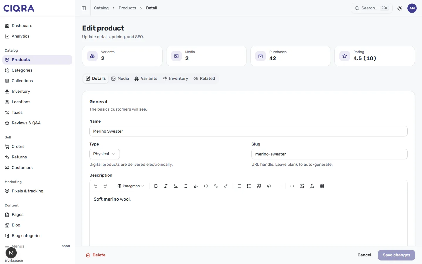 The Edit product screen with the Type selector set to Physical and the note that digital products are delivered electronically