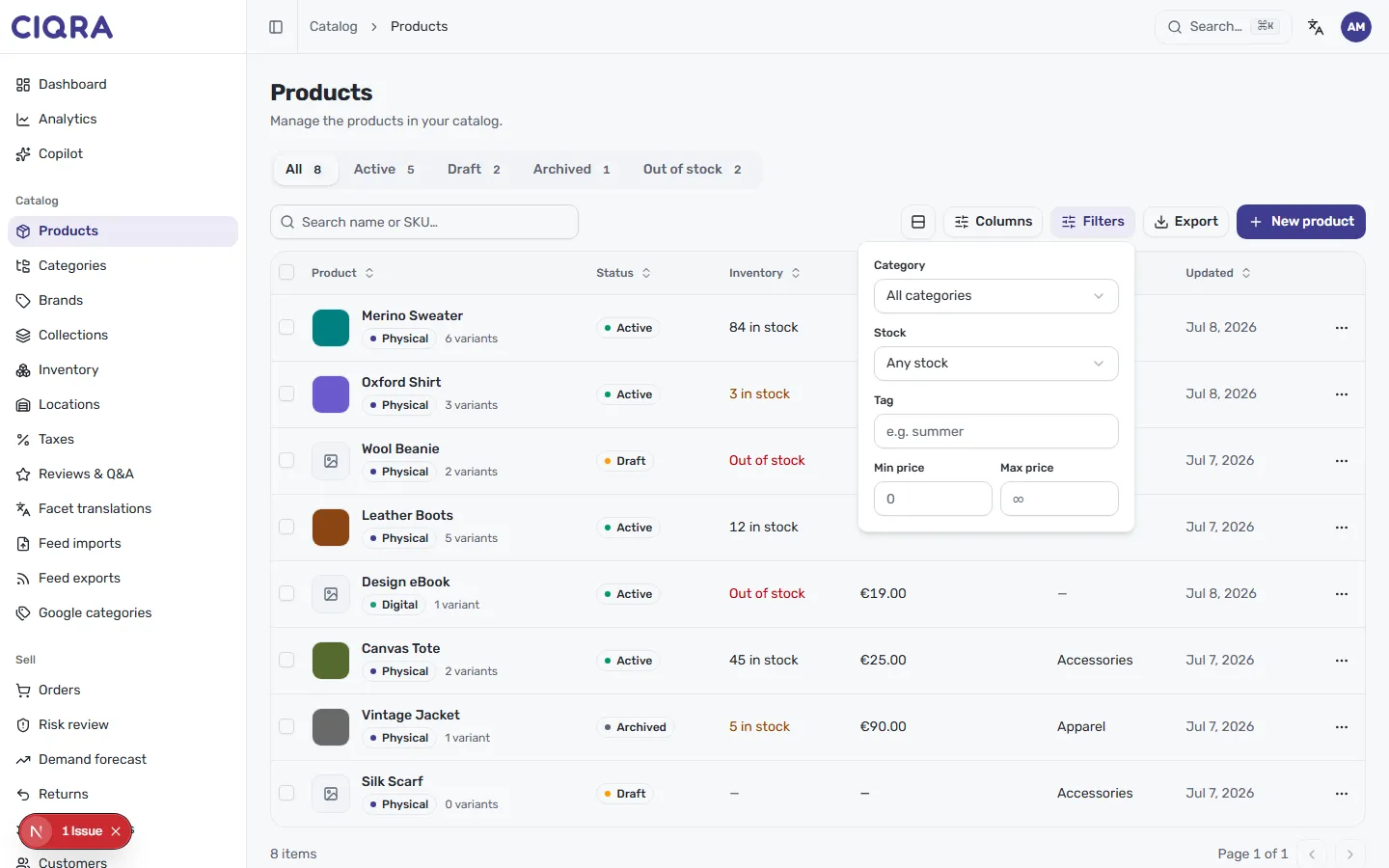 The Filters panel open over the Products list, with Category, Stock, Tag, and Min/Max price controls