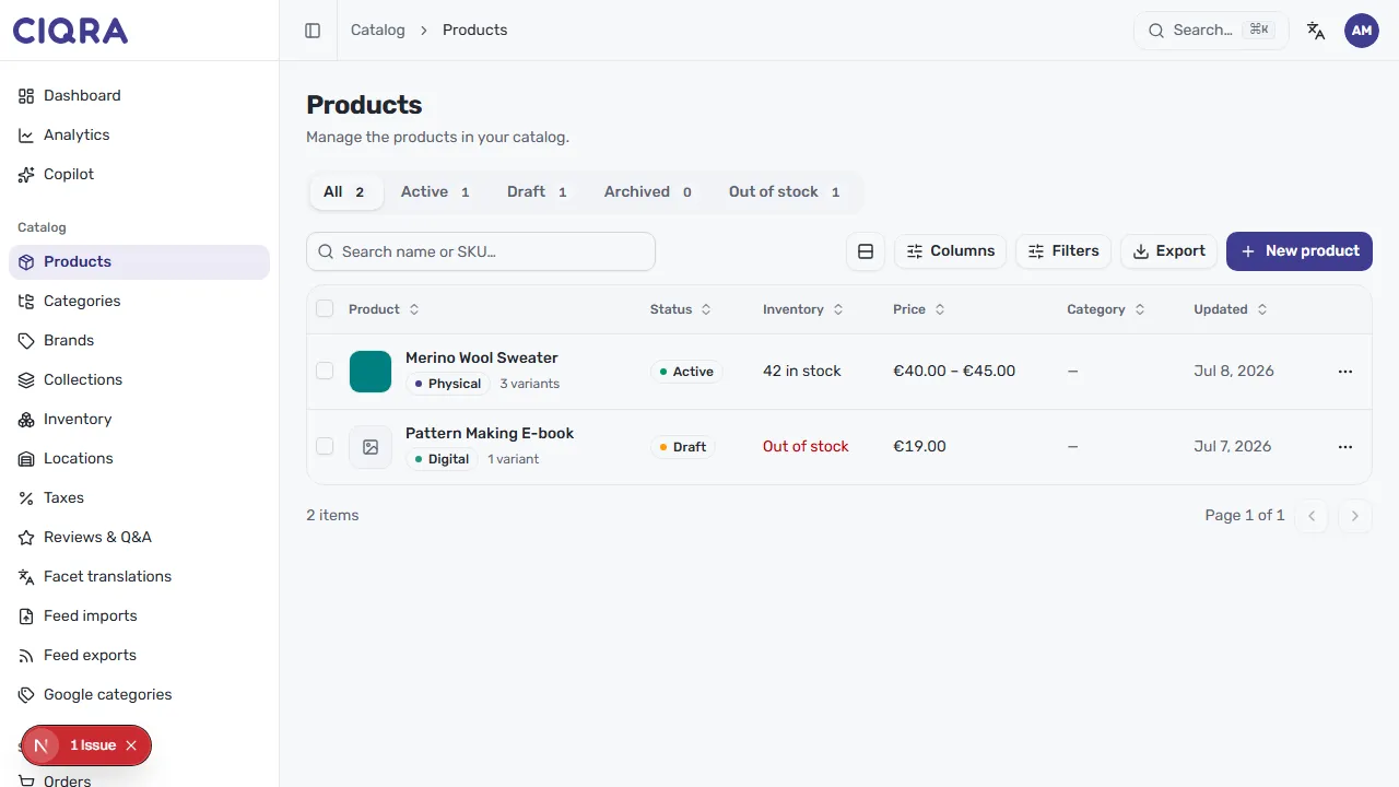 The Products list — the ⋯ button at the end of each row opens the actions menu that includes Duplicate