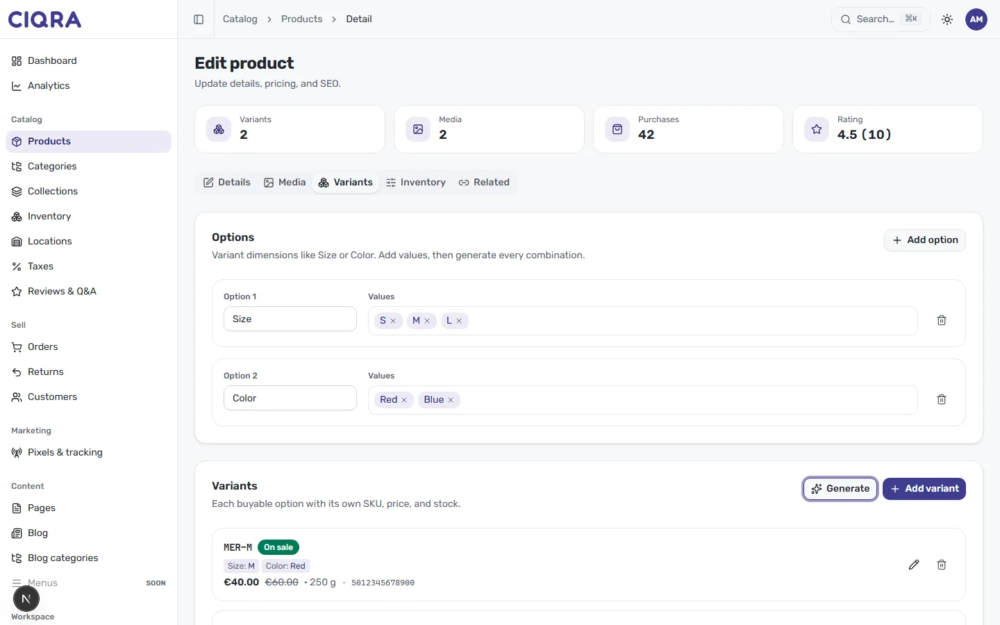 The Variants tab showing an Options panel with Size and Color, and a Variants list with a Generate button