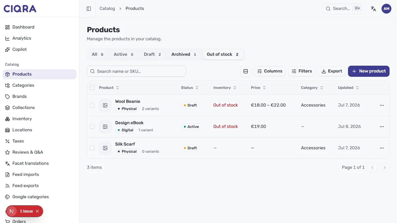 The Out of stock tab showing only the products with no available stock, with a page count in the footer
