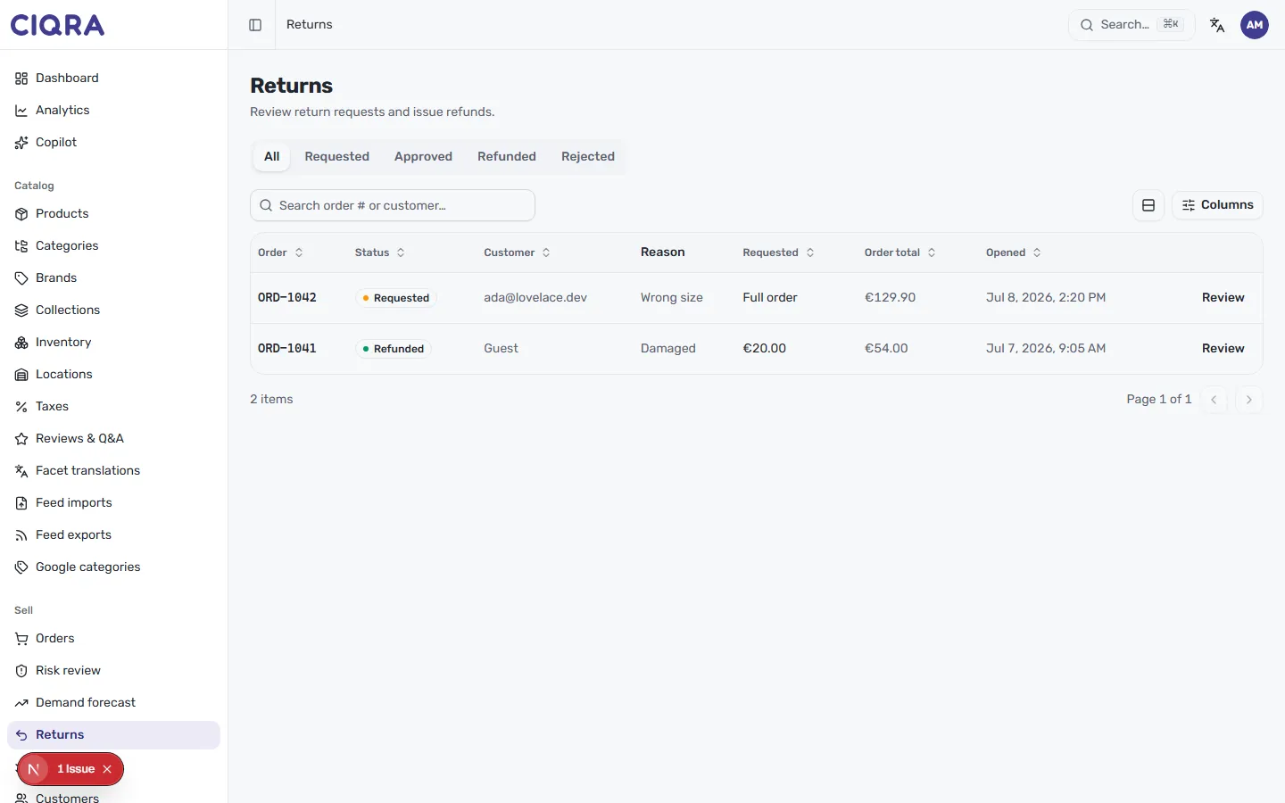 The CIQRA Returns list, showing status tabs and a table of return requests with reason, requested amount, order total and date opened