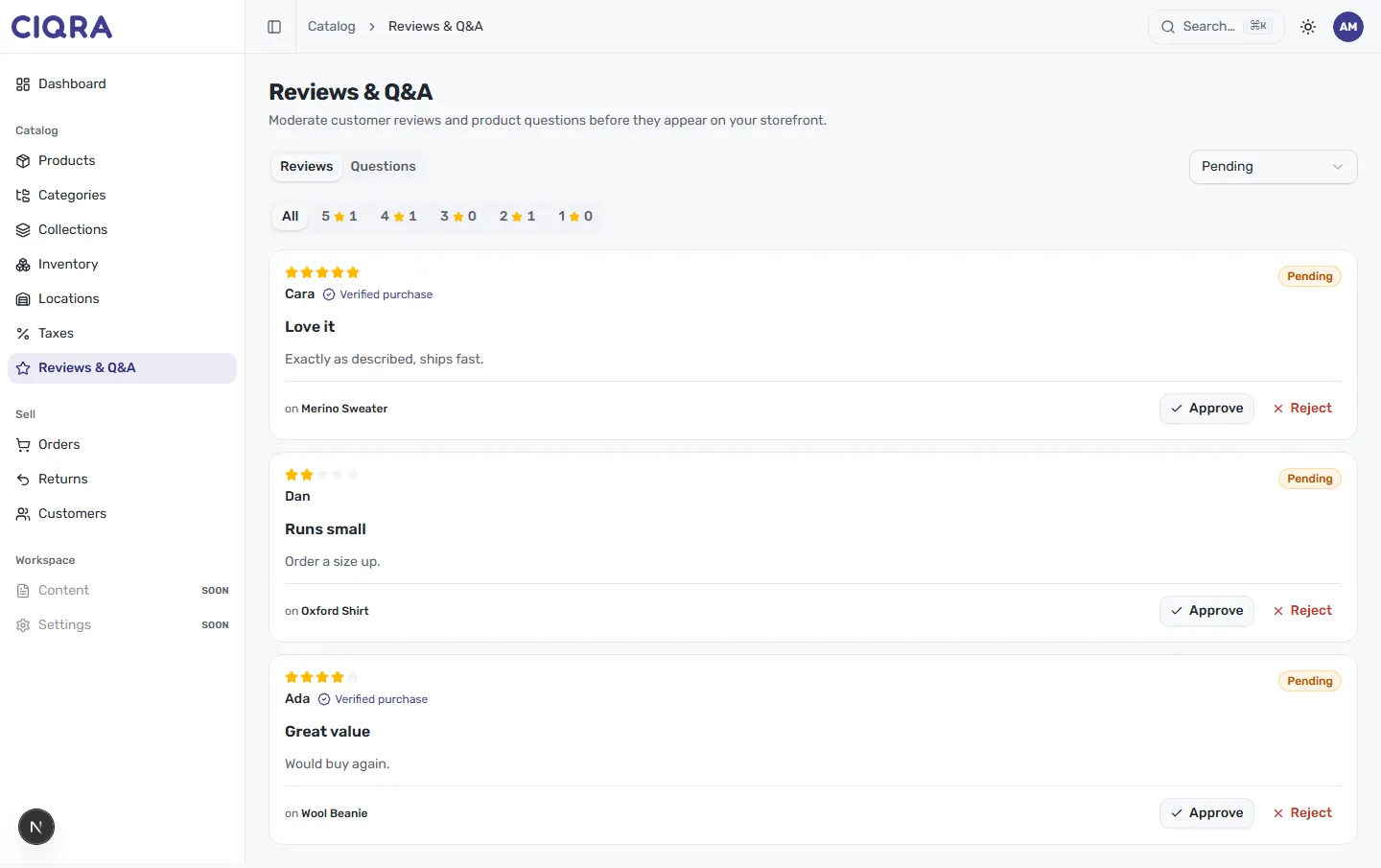 The reviews list filtered by star rating, showing several pending reviews awaiting a decision