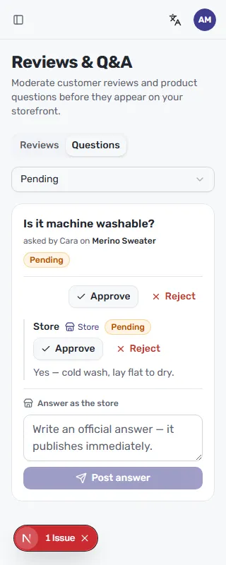 A customer question with Approve and Reject controls and a store answer awaiting moderation