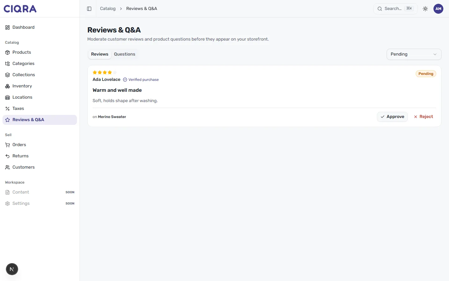 A pending review card with a star rating, verified-purchase badge, and Approve and Reject buttons