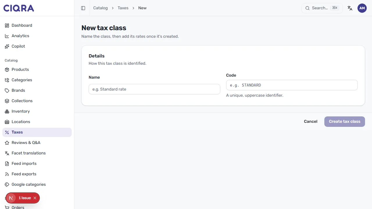 The New tax class form with Name and Code fields