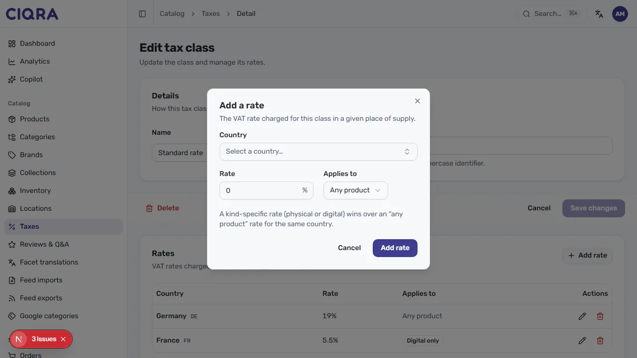 The Add a rate dialog with Country, Rate and Applies to fields